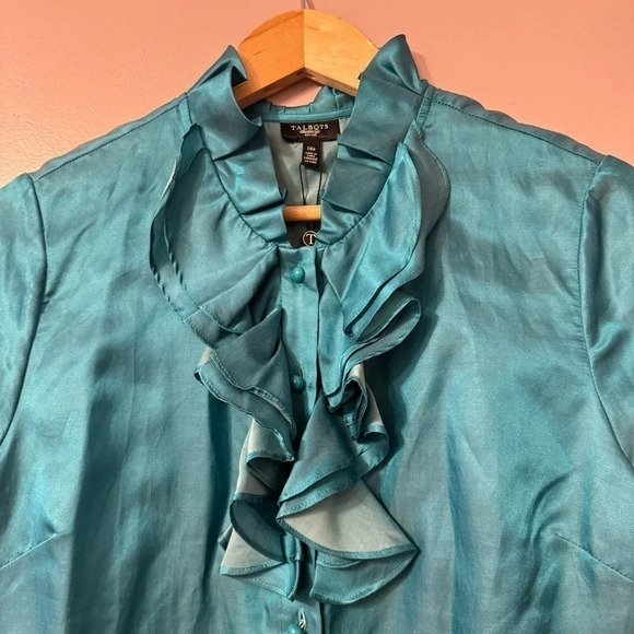 Talbots Turquoise Silk Cotton Ruffle  Bib Top Blouse Womens Size 14P NWT - Picture 5 of 9